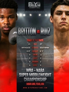 Undefeated Jahyden Britton Battles Bruno Pola Ruiz for Vacant WBA/NABA Super Middleweight Title in Co-Main Event at BiYu Promotions' "Fights Under the Lights"